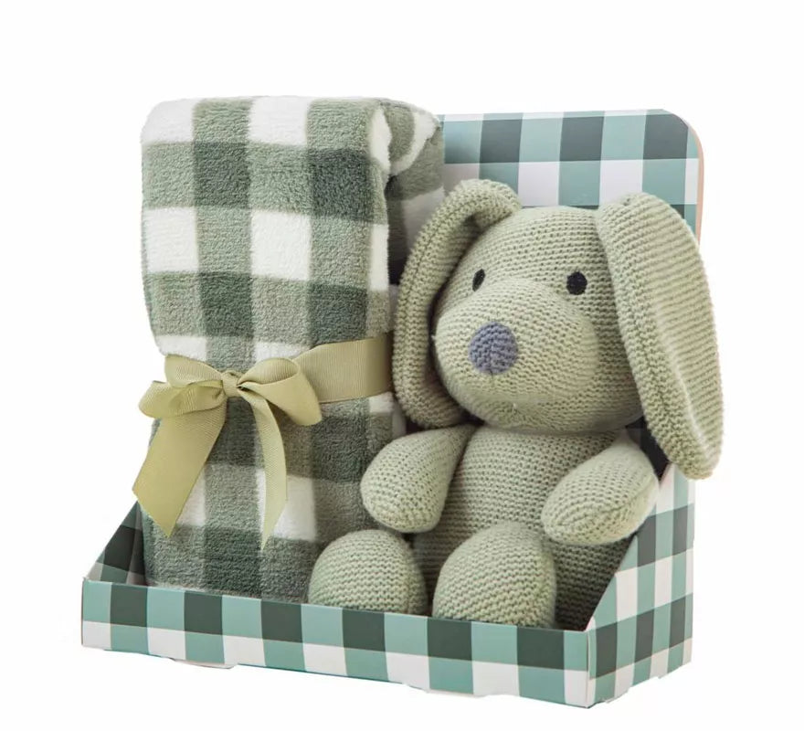 Pack Manta de 90x75 cm y Perro de Peluche verde de 26 cm