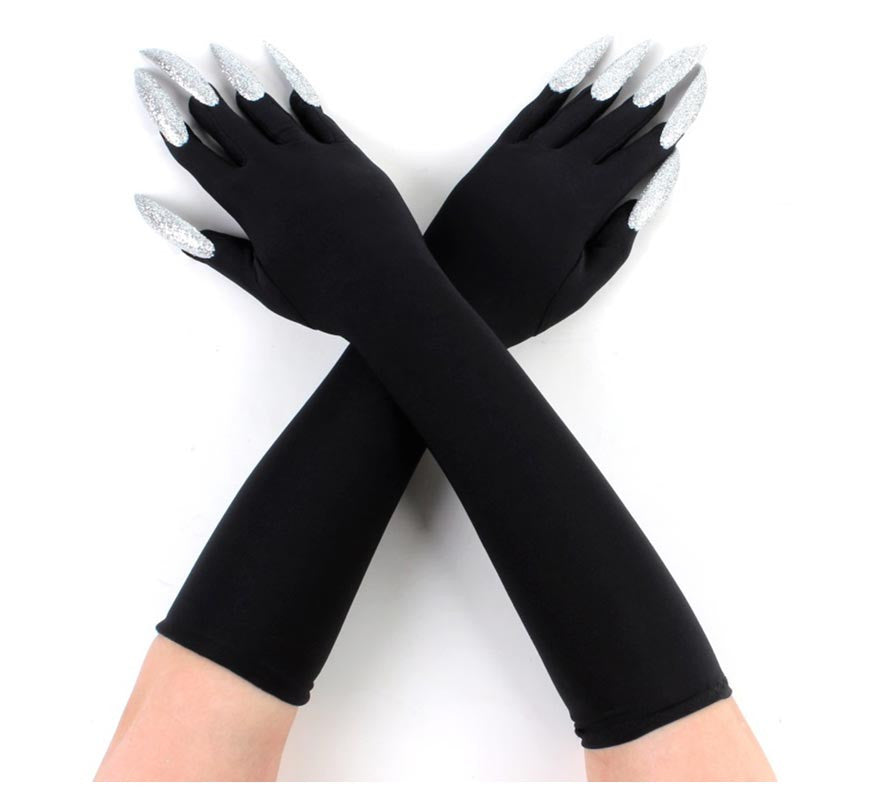 Translation missing: es.Par de Guantes negros con Uñas plateadas adulto