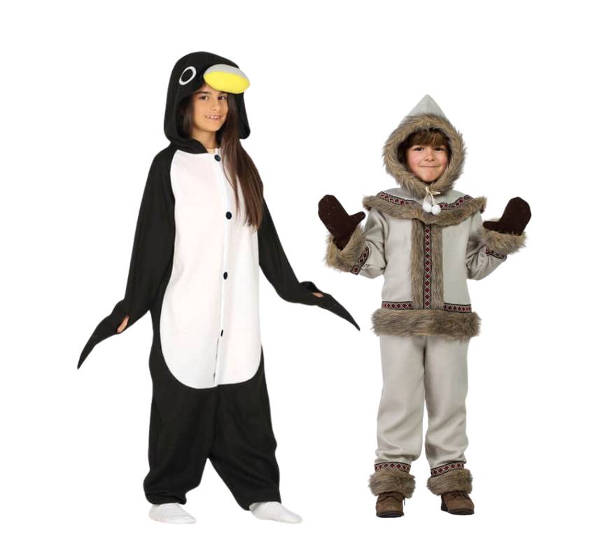 Pareja de pingüino y esquimal infantil