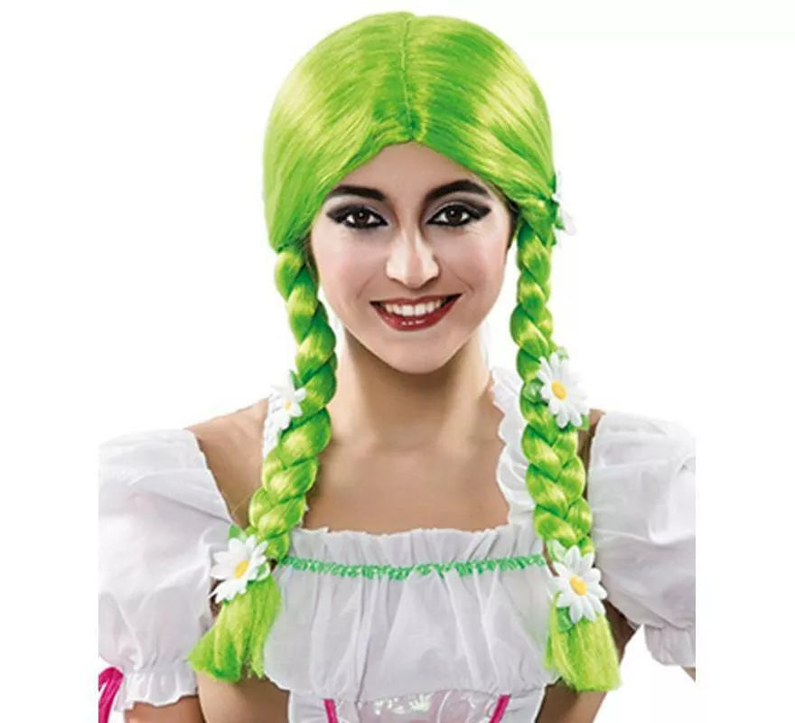 Peluca de Bávara Verde con trenzas y flores
