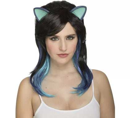 Peluca de Gatita Negra con Orejas y Mechas Azules