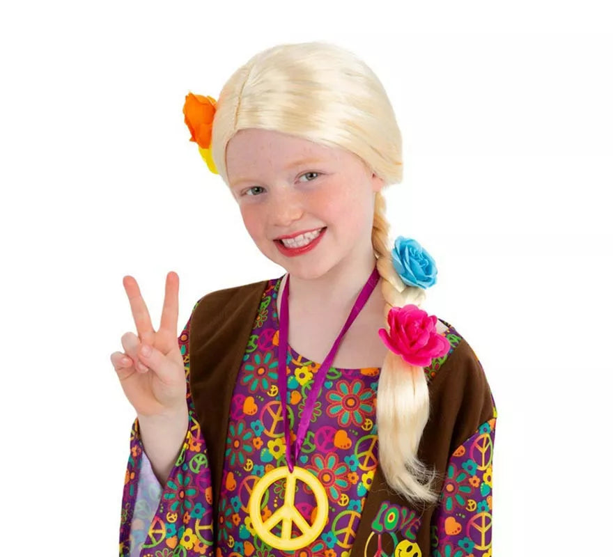Translation missing: es.Peluca de Hippie trenza floreada rubia infantil