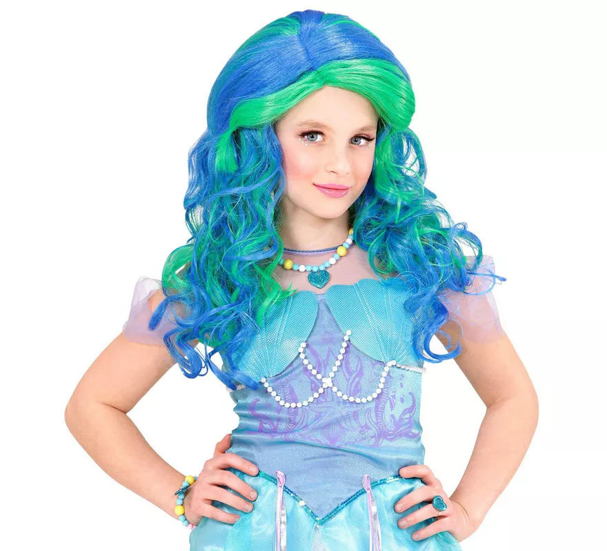 Peluca de Sirena Turquesa Esmeralda Larga Infantil
