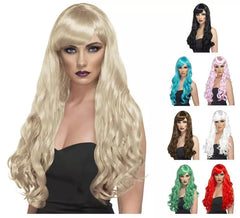 Peluca estilo Desire larga con rizos y flequillo en varios colores