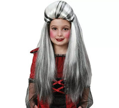 Peluca Larga Lisa de Terror Blanca y Negra Infantil
