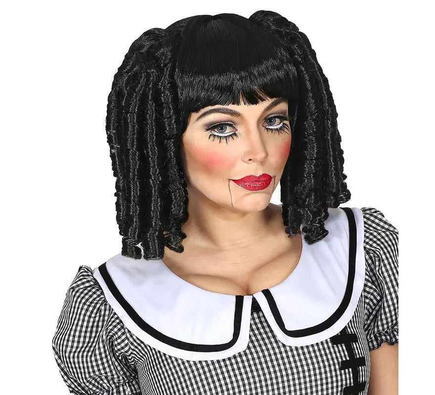 Translation missing: es.Peluca Negra de Muñeca con Tirabuzones