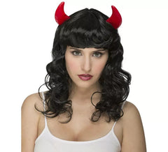 Peluca Negra ondulada con Cuernos de Demonia