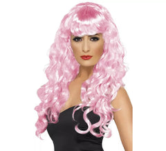 Peluca Rosa rizada con flequillo