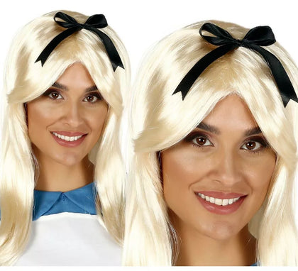 Peluca Rubia con Lazo Negro