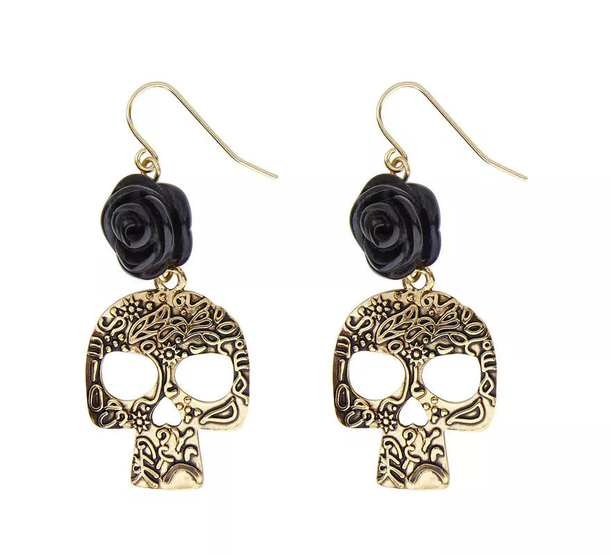 Translation missing: es.Pendientes de Calavera Dorada con Rosa Negra