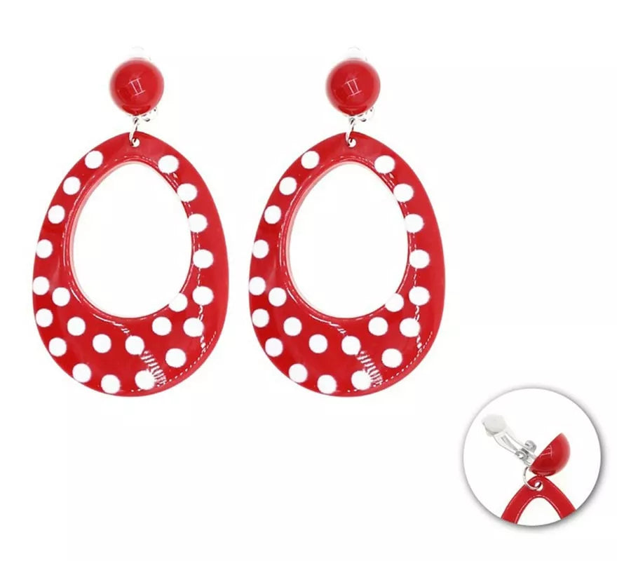 Translation missing: es.Pendientes Oval rojo mediano con topos blancos