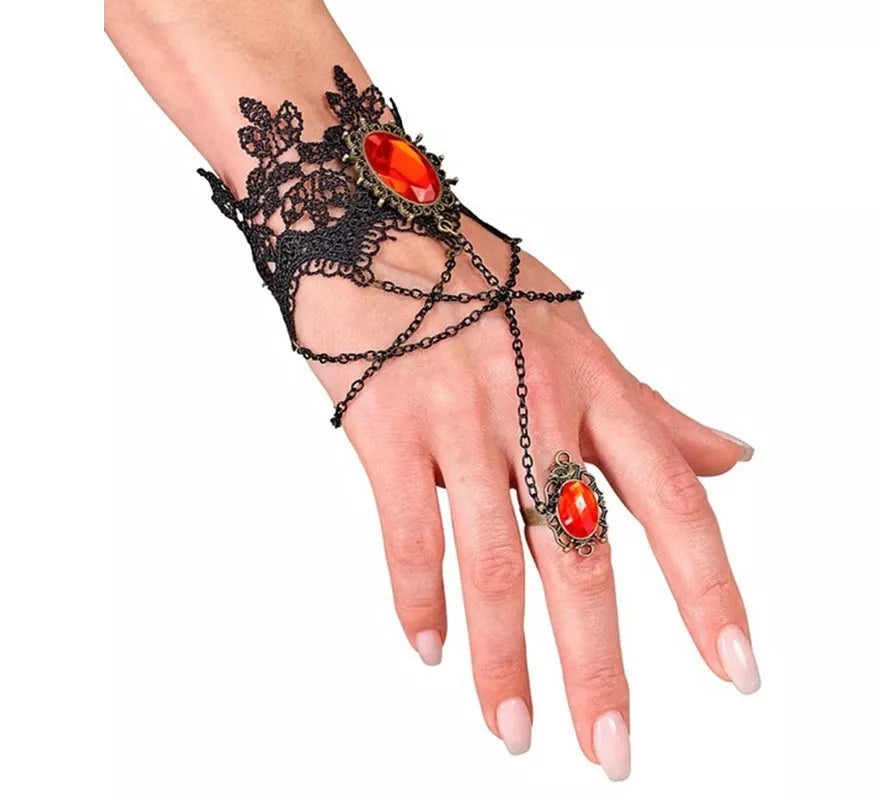 Translation missing: es.Pulsera Gótica de Encaje con Anillo y Gemas rojas