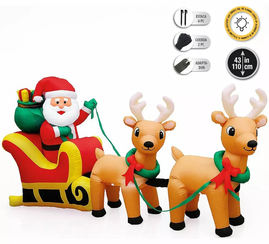 Santa Claus con Trineo de Renos Hinchable con LED de 110 cm