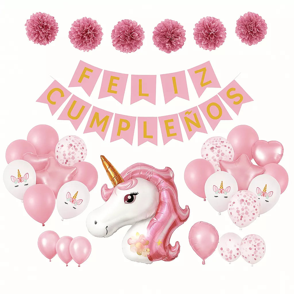 Translation missing: es.Set 26 pc Globos Unicornios con Guirnalda de Feliz Cumpleaños