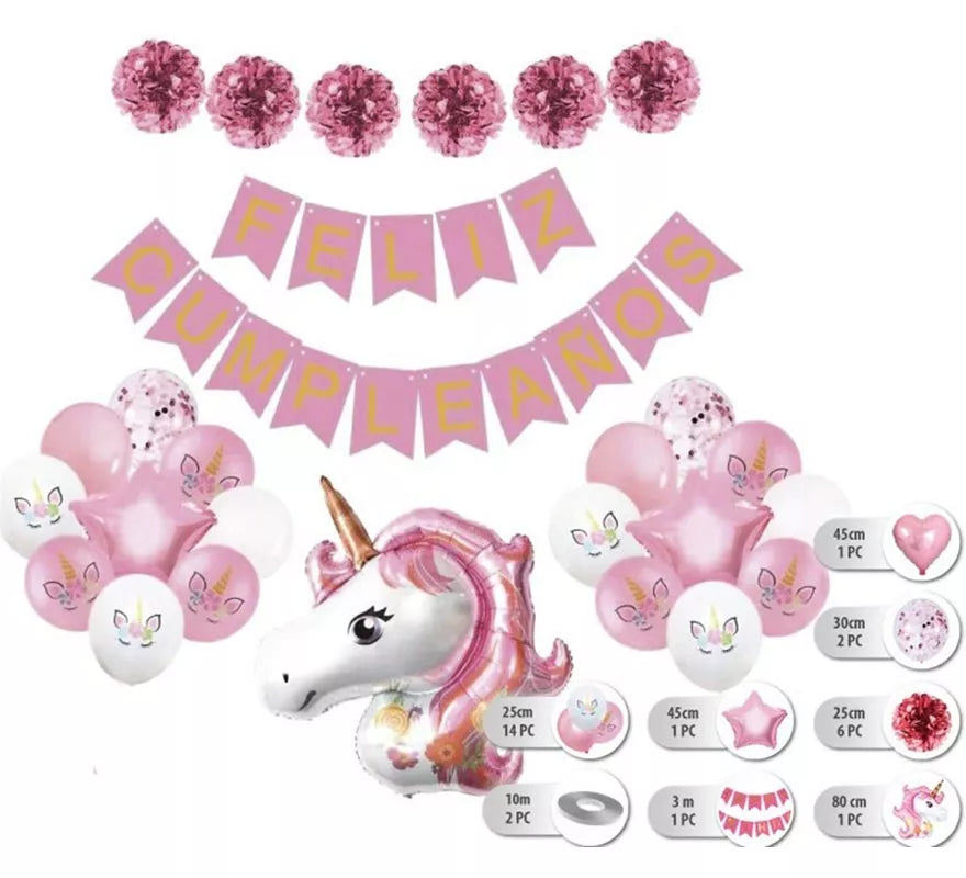 Translation missing: es.Set 26 pc Globos Unicornios con Guirnalda de Feliz Cumpleaños