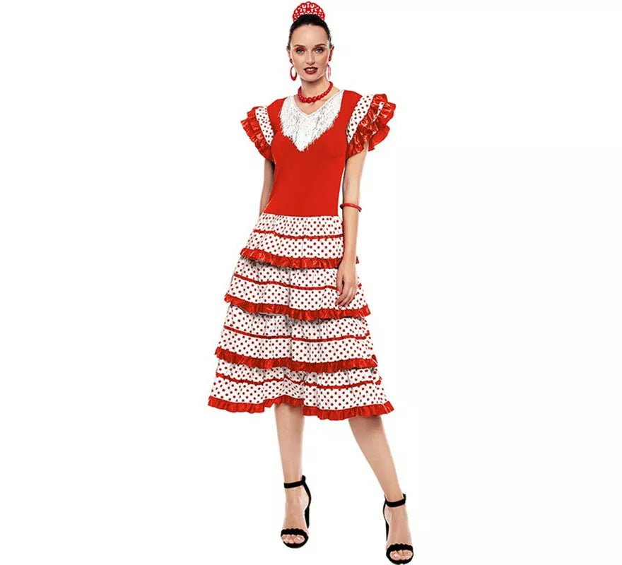 Translation missing: es.Sevillana blanco con borde rojo para mujer