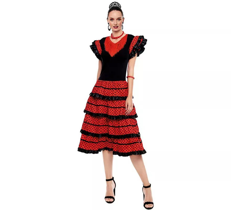 Translation missing: es.Sevillana rojo con borde negro para mujer