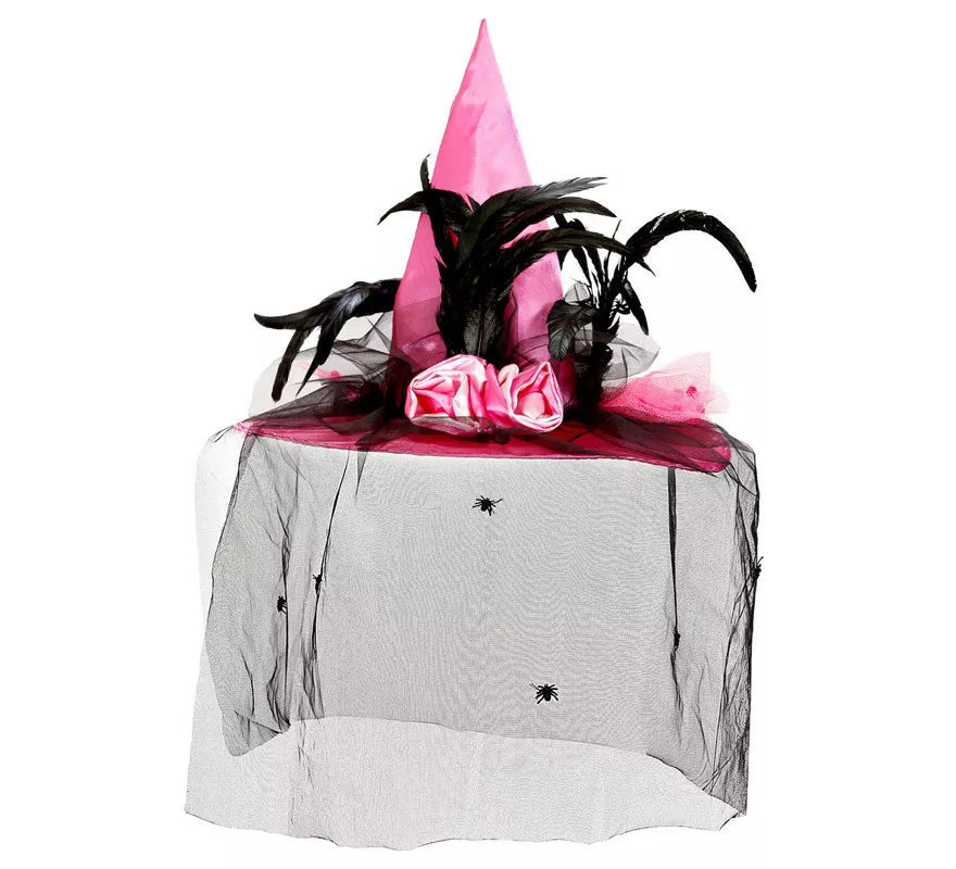 Translation missing: es.Sombrero Bruja con Velo de Raso, Arañas y Plumas Rosa, 59 cm de circunferencia