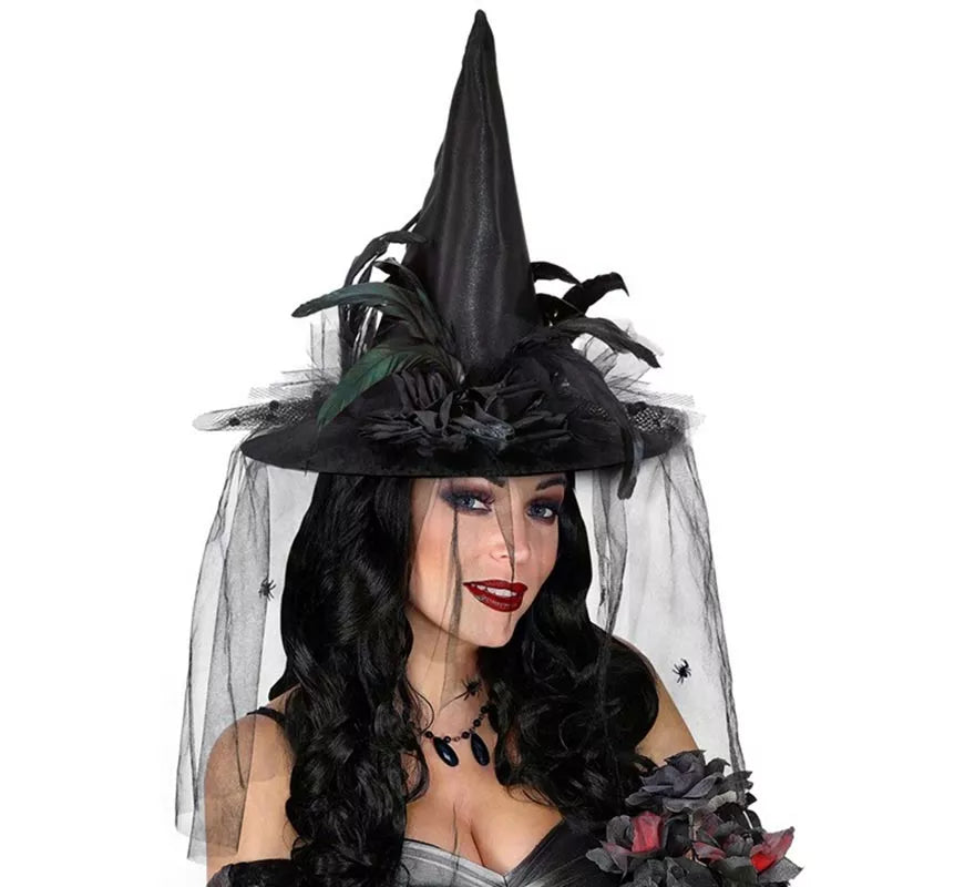 Translation missing: es.Sombrero de Bruja con Tul, Flores y Plumas
