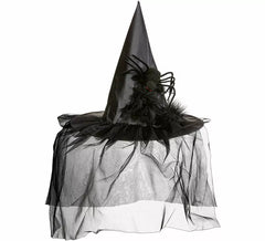 Sombrero de Bruja con Tul, Plumas y Araña
