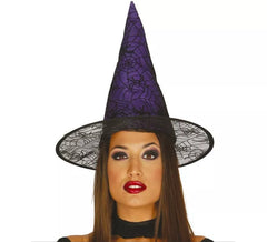 Sombrero de Bruja lila con telarañas y arañas