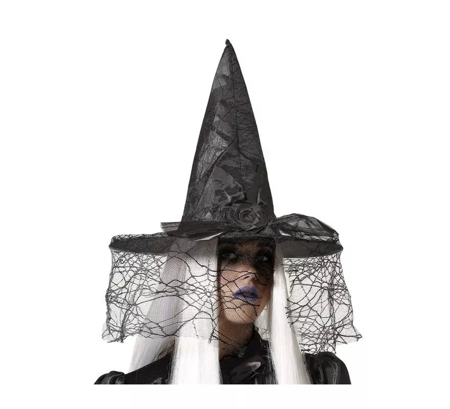 Translation missing: es.Sombrero de Bruja Negro con Velo de 41x34 cm