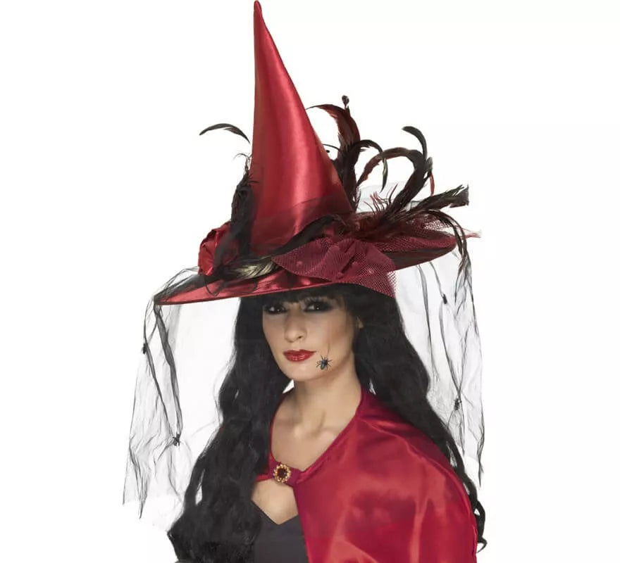 Translation missing: es.Sombrero de Bruja Rojo con plumas y velo