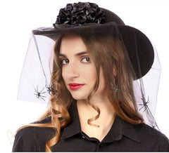 Sombrero de Viuda negra rosas y arañas de 35x30x9 cm