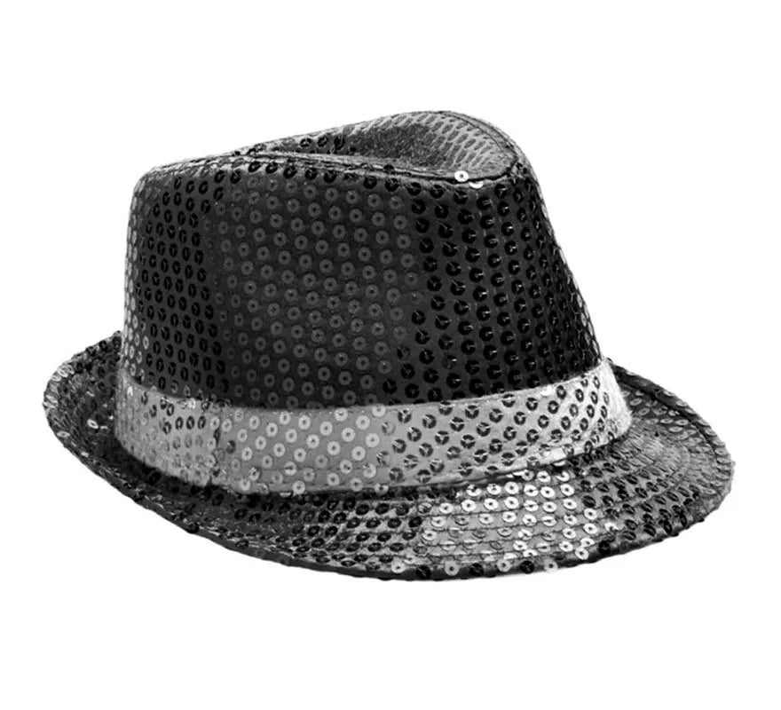 Translation missing: es.Sombrero Gánster de lentejuelas negro con banda blanca