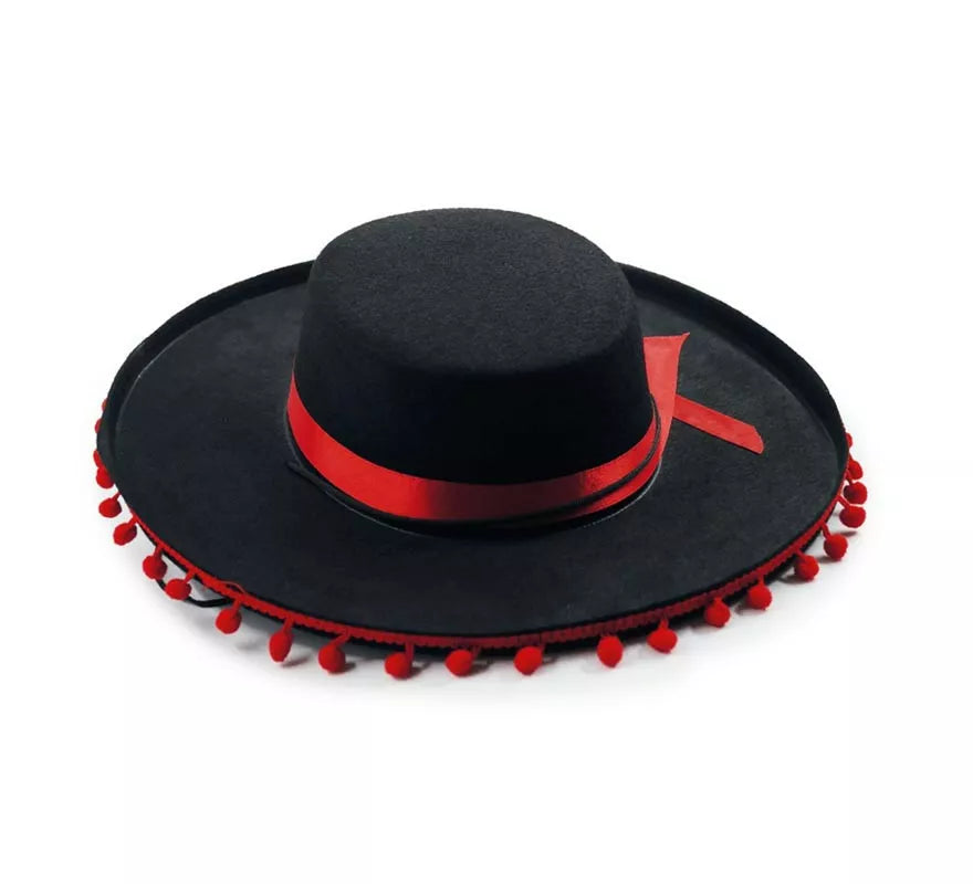 Sombrero Mexicano negro con bolas rojas para adulto