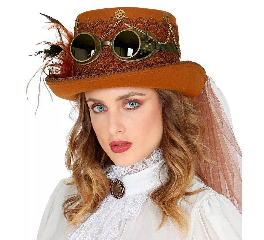 Translation missing: es.Sombrero Steampunk Top de Fieltro con Velo