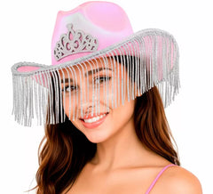Sombrero Vaquero rosa con Flecos