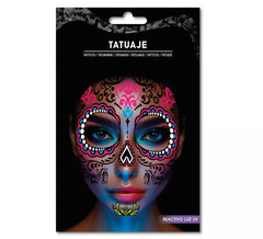 Tatuaje Catrina rosa y azul fluorescente