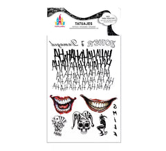 Tatuajes de Arlequín conflictivo sonrisas y texto negro