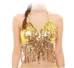 Top dorado con flecos y lentejuelas adulto