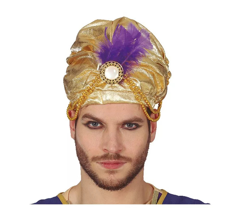 Translation missing: es.Turbante Dorado con Pluma Morada para hombre