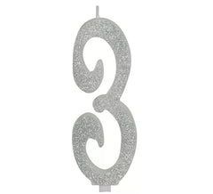 Vela Escarchada Plata Número 3, de 12.5 cm