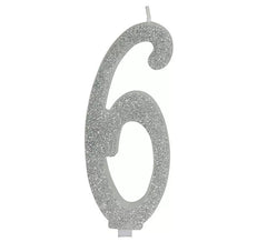 Vela Escarchada Plata Número 6, de 12.5 cm