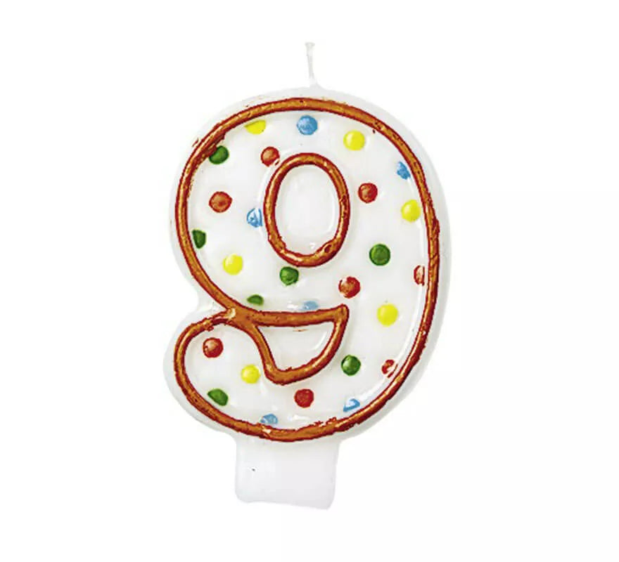 Translation missing: es.Vela Puntitos de colores con el número 9 para cumpleaños