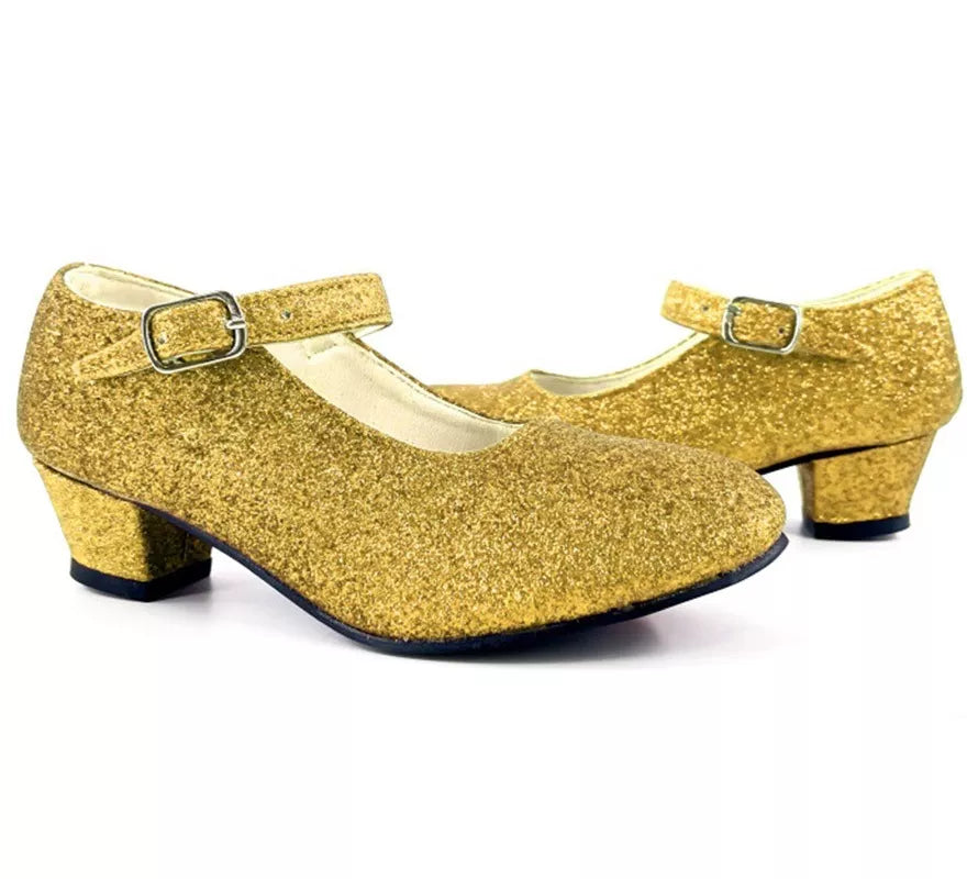Translation missing: es.Zapato Sevillana con tacón Dorado Purpurina en números del 22 al 41