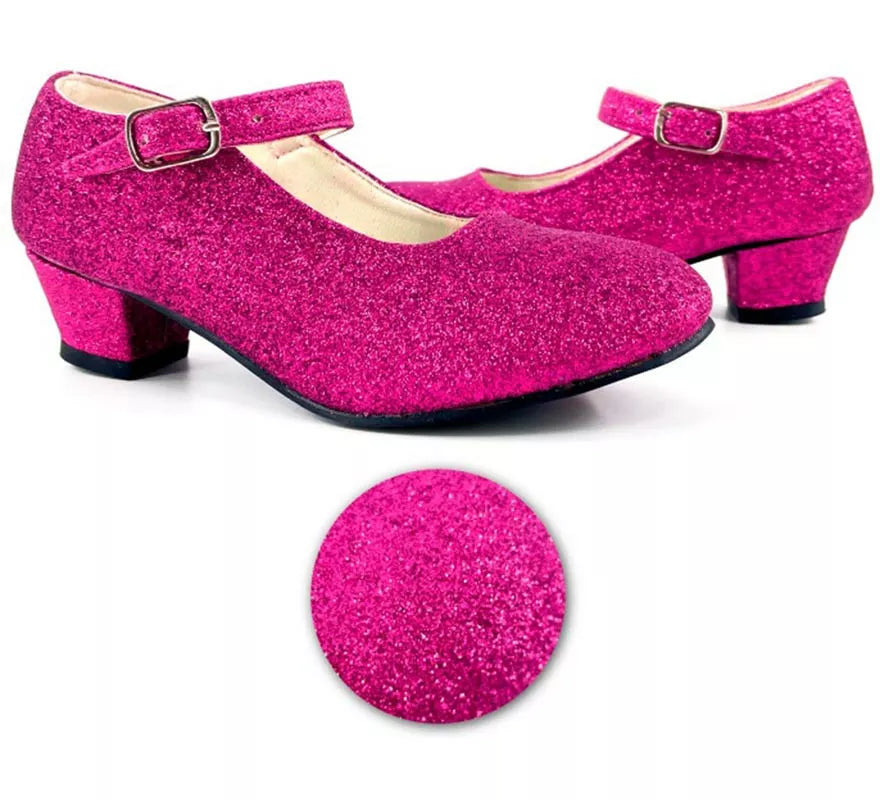 Translation missing: es.Zapato Sevillana con tacón Fucsia Purpurina en números del 22 al 41