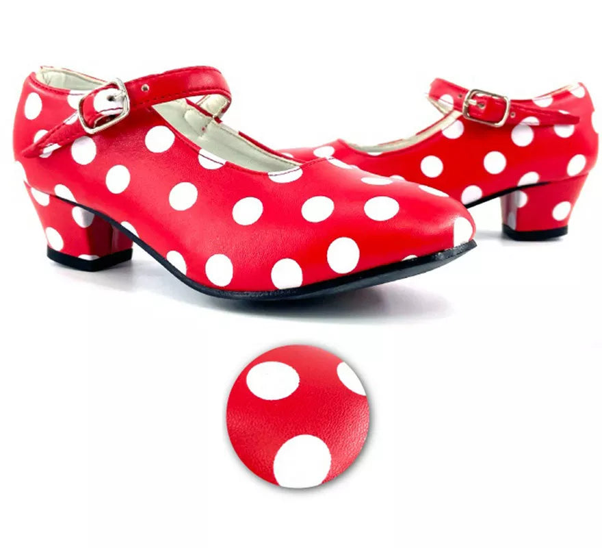 Translation missing: es.Zapato Sevillana con tacón Rojo con lunares Blancos en números del 22 al 41