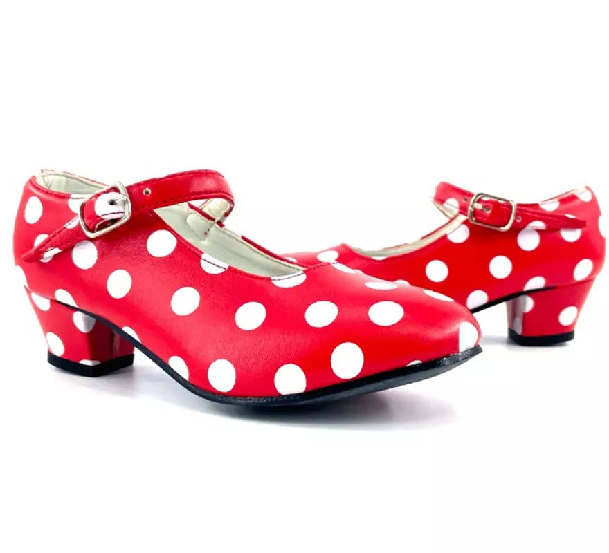Translation missing: es.Zapato Sevillana con tacón Rojo con lunares Blancos en números del 22 al 41