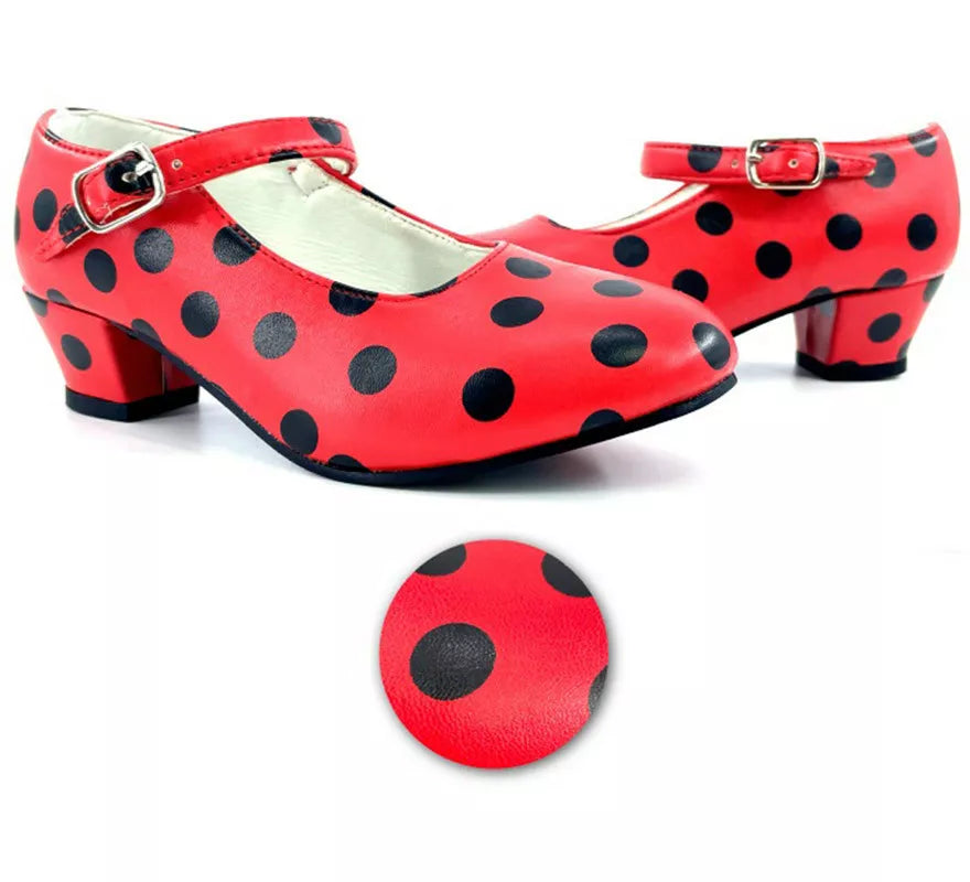 Translation missing: es.Zapato Sevillana con tacón Rojo con lunares Negros en números del 22 al 41