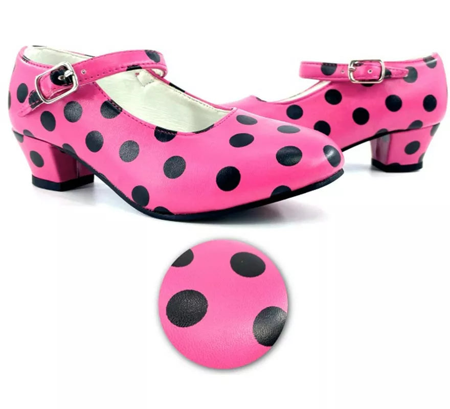 Translation missing: es.Zapato Sevillana con tacón Fucsia con lunares Negros números del 22 al 41